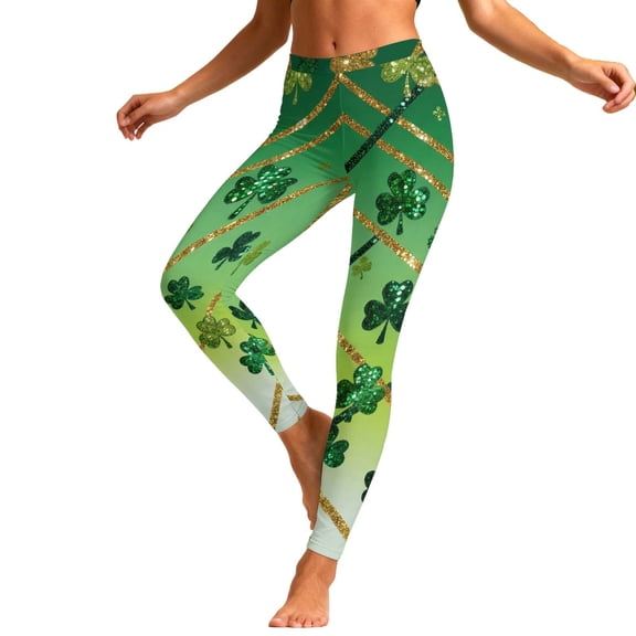 AUNVITO Women's St. Patrick's Day Leggings with Festive Print and Elastic Waist for Gym Running Casual Comfort