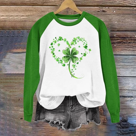 AUNVITO Women's St. Patrick's Day Print Sweatshirt Long Sleeve Crewneck Raglan Sleeve Casual and Festive
