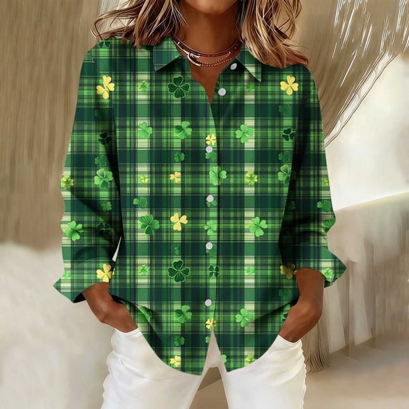 AUNVITO Women's St. Patrick's Day Shirt Long Sleeve Collared Button Down with Holiday Print Casual and Festive Style