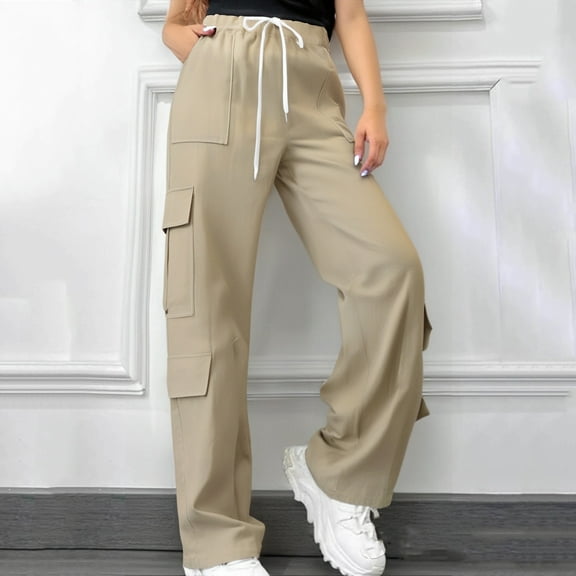 AUNVITO Women's Straight Leg Cargo Pants Elastic Waistband with Pockets Cool Silk Cotton Casual Pure Color