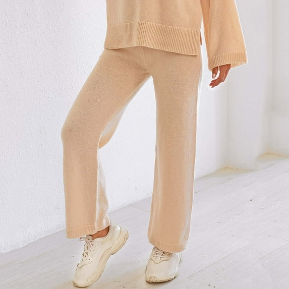 AUNVITO Women's Straight Leg Pants Soft Acrylic Knit Casual Loungewear Comfort Fit Home Wear Solid Color Elastic Waist