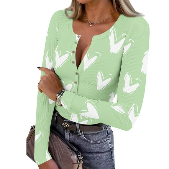 AUNVITO Women's Stretch Ribbed Knit Top Long Sleeve V-Neck Print Button Front Casual Comfortable