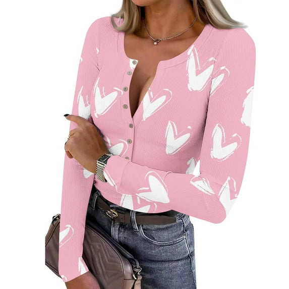 AUNVITO Women's Stretch Ribbed Knit Top Long Sleeve V-Neck Print Button Front Casual Comfortable