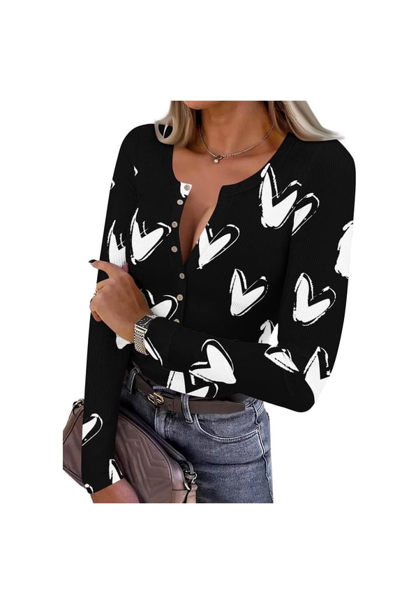 Women's Stretch Ribbed Knit Top Long Sleeve V-Neck Print Button Front Casual Comfortable