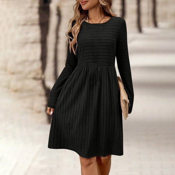 AUNVITO Women's Stretchy Breathable Casual Dress Textured Ribbed Long Sleeve Round Neck Black Navy Orange Green Winter Everyday Wear
