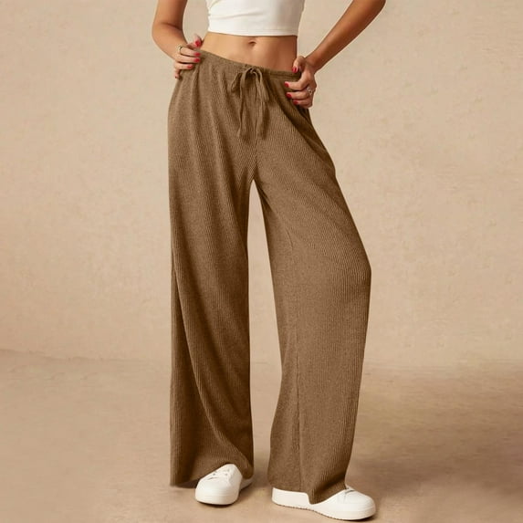 AUNVITO Women's Stretchy Knitted Ribbed Casual Pants with Pockets, Drawstring Waist, Loose Fit Sporty Lounge Trousers Polyester Spandex