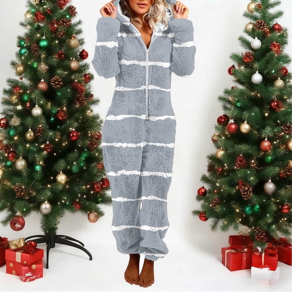 AUNVITO Women's Striped Cozy Long Sleeve Hooded Jumpsuit with Front Zipper for Casual Loungewear