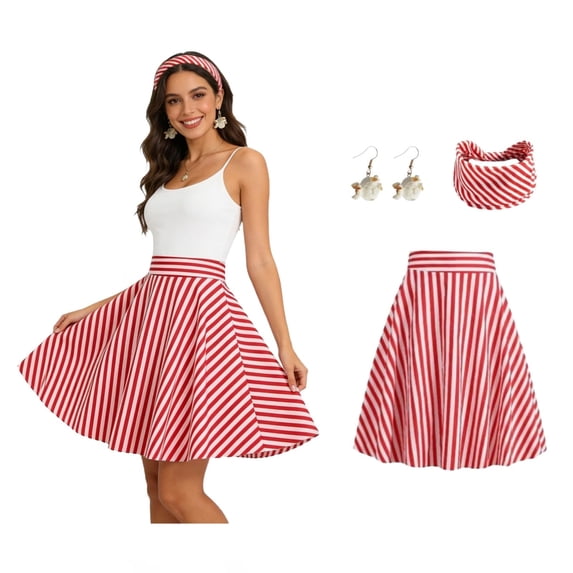 AUNVITO Women's Striped High Waist Flared Skirt with Side Zipper Casual and Elegant Style