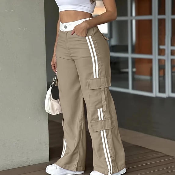 AUNVITO Women's Striped Straight Leg Pants with Side Pockets and Patchwork Detail Casual Style