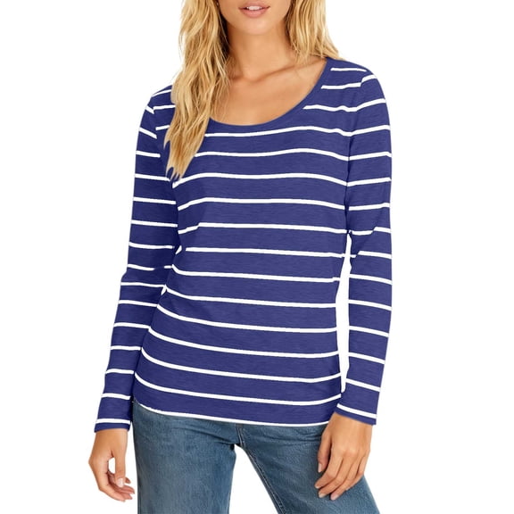 AUNVITO Women's Striped Top Long Sleeve Round Neck Pullover Soft Stretchy Casual and Fashionable Blouse