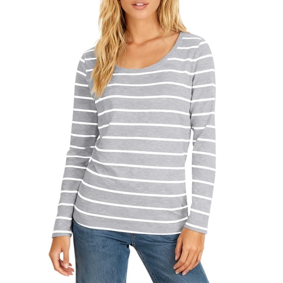 AUNVITO Women's Striped Top Long Sleeve Round Neck Pullover Soft Stretchy Casual and Fashionable Blouse