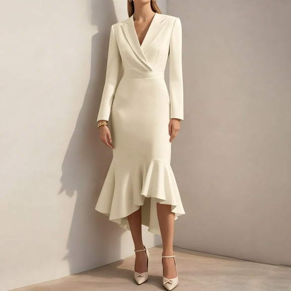 AUNVITO Women's Stylish Bandage Bodycon Dress V-Neck Long Sleeve Mermaid Tail Slim Fit Durable Fabric Party Wedding Winter Spring Casual Fashion