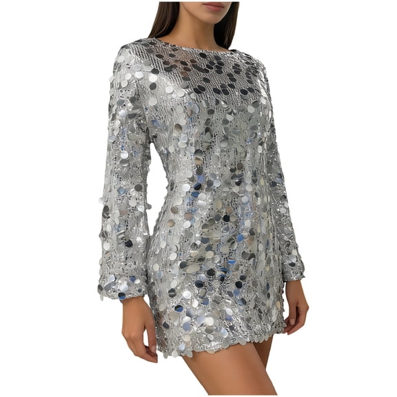 AUNVITO Women's Stylish Sequins Short Bell Sleeve Dress Sparkling Detail Accent Party Style