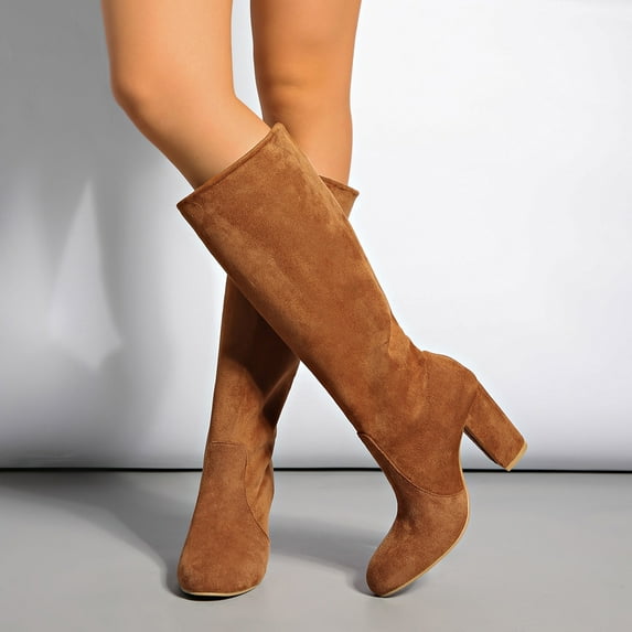 AUNVITO Women's Suede Chunky Heel Mid-Calf Boots Fall Winter Casual Elegant Thick-Soled Block Heel Boots Black Brown Vintage Ankle Boots