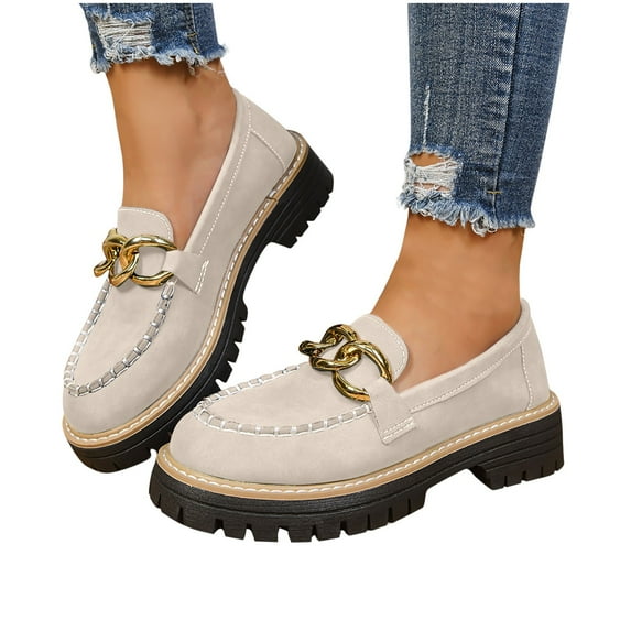 AUNVITO Women's Suede Loafers Chunky Heel Thick Sole Vintage Casual Mid Heel Shoes for Women All-Day Comfort