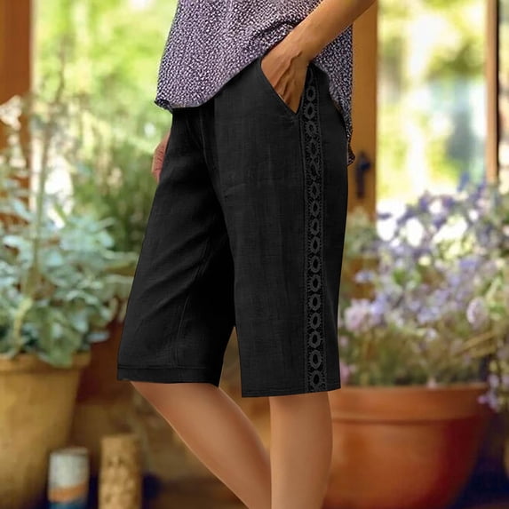 AUNVITO Women's Summer Capris with Drawstring Elastic Waist Loose Straight Leg Side Lace Trim Pocket Casual Bohemian Style