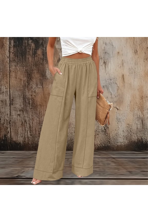 Women's Summer Casual Loose Straight Leg Pants with Side Slits Pockets 100% Cotton Comfortable