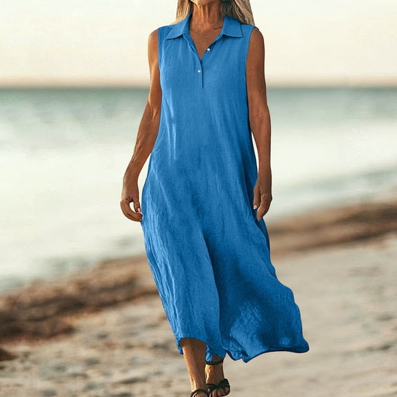 AUNVITO Women's Summer Dress Button-Down Collar Loose Fit Long Maxi Casual and Breathable