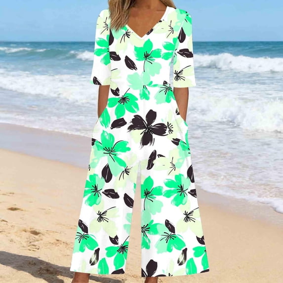 AUNVITO Women's Summer Jumpsuit with All-Over Print Short Sleeve V-Neck Back Zipper Side Pockets Casual and Trendy Style