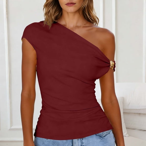 AUNVITO Women's Summer Off-Shoulder Asymmetric Metal Button T-shirt Sexy Y2K Casual Style