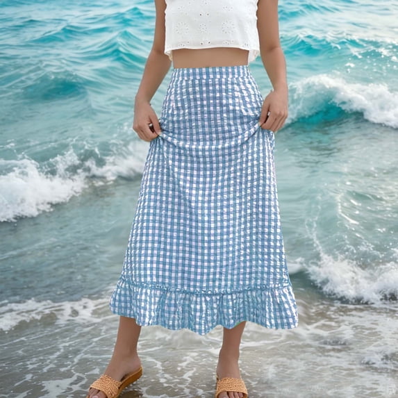AUNVITO Women's Summer Skirt Plaid Pattern Elastic Waist Casual Comfortable Flowy A-Line Design Perfect for Daily Wear