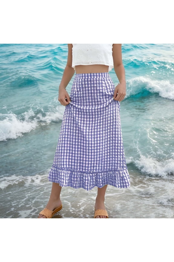 Women's Summer Skirt Plaid Pattern Elastic Waist Casual Comfortable Flowy A-Line Design Perfect for Daily Wear