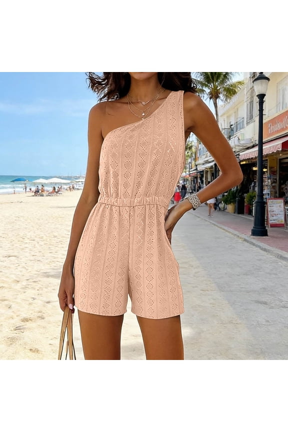 Women's Summer Sleeveless Off Shoulder Relaxed Fit Romper Shorts with Pockets Casual Bohemian Style