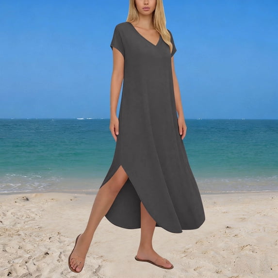 AUNVITO Women's Summer Sleeveless V-Neck A-Line Maxi Dress with Side Pockets Casual Flowy and Elegant