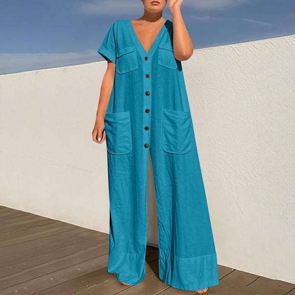 AUNVITO Women's Summer Wide Leg Jumpsuit with Pockets, Loose Fit Casual Overalls, Breathable Strap Pants for Daily Wear