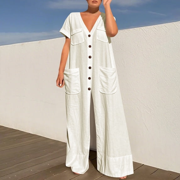 AUNVITO Women's Summer Wide Leg Jumpsuit with Pockets, Loose Fit Casual Overalls, Breathable Strap Pants for Daily Wear