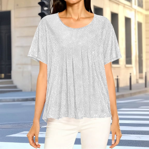 AUNVITO Women's T-Shirt Round Neck Short Sleeve Pleated Loose Fit Double Layer with Shimmery Effect Casual and Fashionable Style
