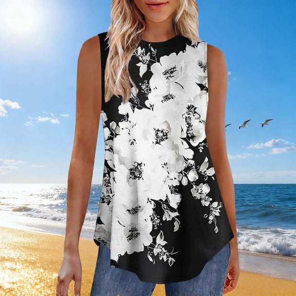 AUNVITO Women's Tank Top Sleeveless Round Neck Pullover with Printed Pattern Casual and Fashionable Summer Style