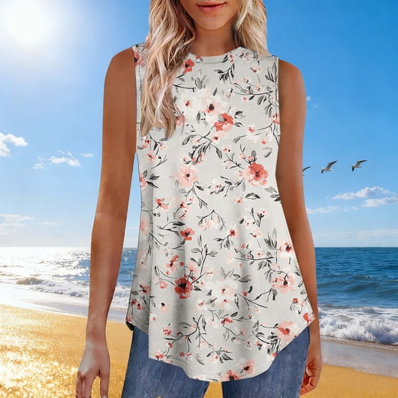 AUNVITO Women's Tank Top Sleeveless Round Neck Pullover with Printed Pattern Casual and Fashionable Summer Style