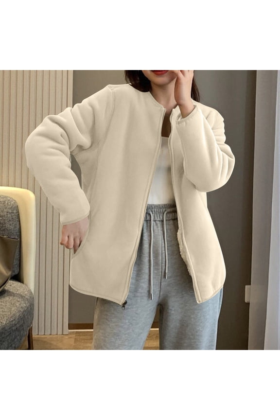 Women's Thermal Fleece Jacket Stand Collar Full-Zip Lightweight Loose Fit Cozy Winter Outerwear Casual Windbreaker