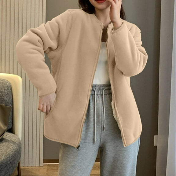 AUNVITO Women's Thermal Fleece Jacket Stand Collar Full-Zip Lightweight Loose Fit Cozy Winter Outerwear Casual Windbreaker