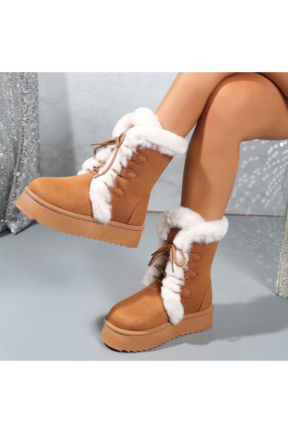 Women's Thick Sole Lace-Up Winter Boots with Faux Fur Lining, Height-Enhancing Comfort & Neutral Tones for Cold Weather Fashion
