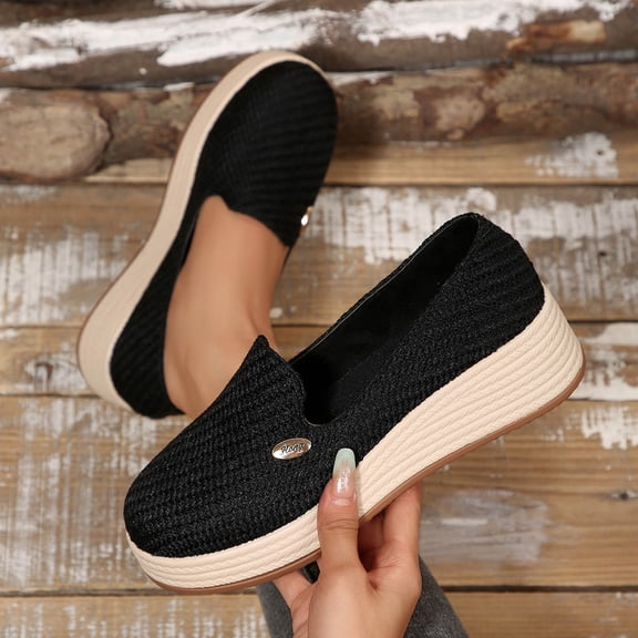 AUNVITO Women's Thick-Soled Woven Loafers Slip-On Comfortable Elevated Casual Shoes Large Size Breathable Linen Upper Fall Winter Vintage Style