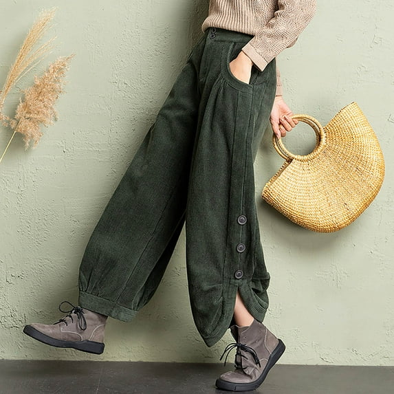 AUNVITO Women's Thickened Corduroy Pants Loose Fit Elastic Waist Winter Warm Wide Leg Casual Trousers 98%Cotton 2%Spandex 1PC