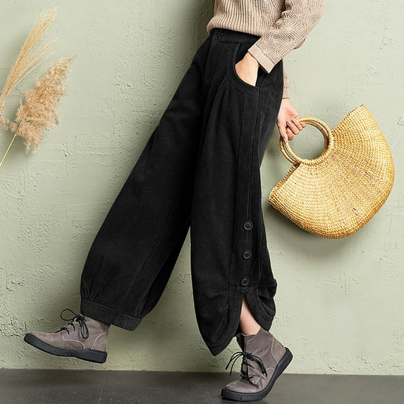 AUNVITO Women's Thickened Corduroy Pants Loose Fit Elastic Waist Winter Warm Wide Leg Casual Trousers 98%Cotton 2%Spandex 1PC