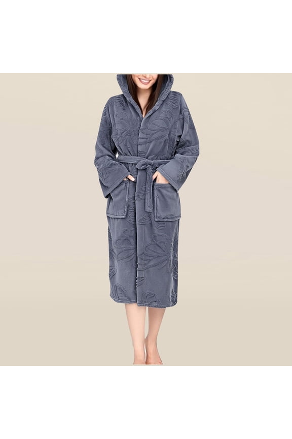 Women's Thickened Fleece Bathrobe Hooded with Belt Two Front Pockets Built-in Hook Cozy and Secure Winter Style