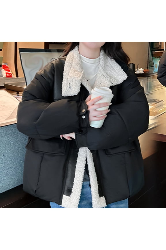 Women's Thickened Fleece Hooded Jacket Winter Coat Polka Dot Pocket Light Casual Fashion