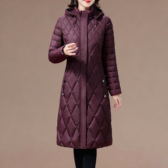 AUNVITO Women's Thickened Hooded Down Jacket with Drawstring & Zippered Pockets, Loose Fit Mid-Length Burgundy Winter Coat Casual Fashion Outerwear