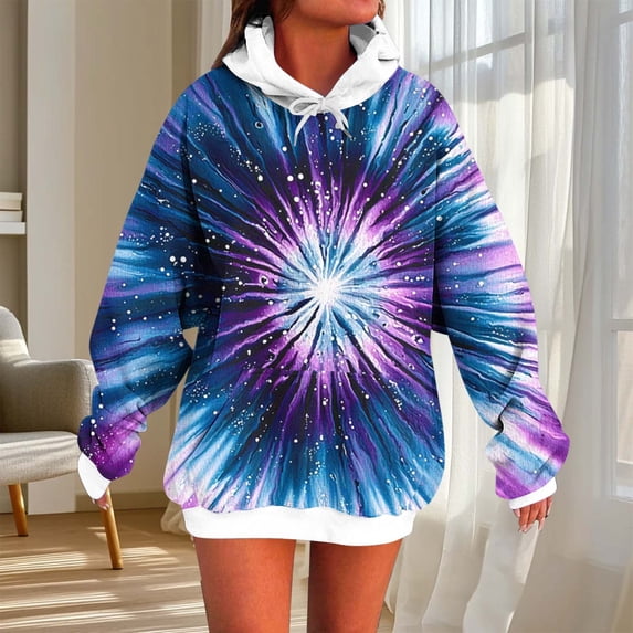 AUNVITO Women's Tie-Dye Loose Fit Longline Hooded Sweatshirt with Pockets, Long Sleeve Casual Streetwear Fashion