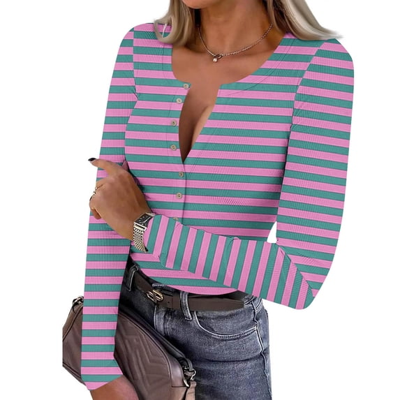 AUNVITO Women's Top Long Sleeve V-Neck Striped Print Ribbed Button-Up Casual Comfortable