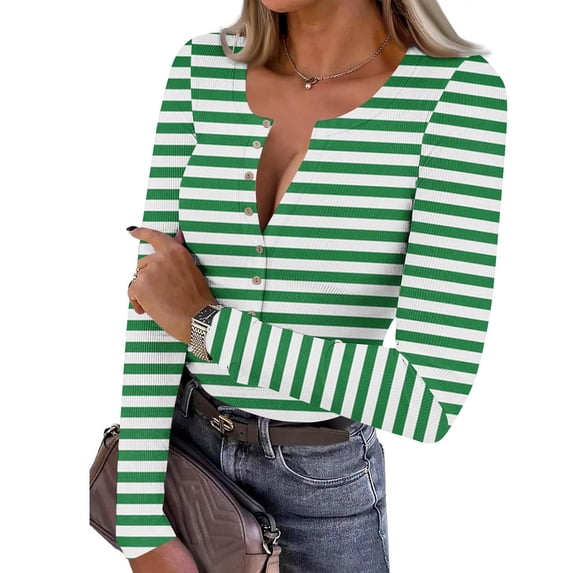 AUNVITO Women's Top Long Sleeve V-Neck Striped Print Ribbed Button-Up Casual Comfortable