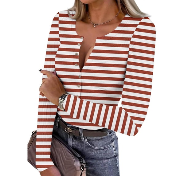 AUNVITO Women's Top Long Sleeve V-Neck Striped Print Ribbed Button-Up Casual Comfortable