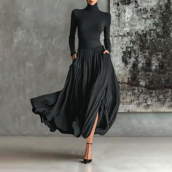 AUNVITO Women's Two-Piece Set Long Sleeve High Neck Top with Elastic Waist Skirt Elegant and Chic-Style Outfit