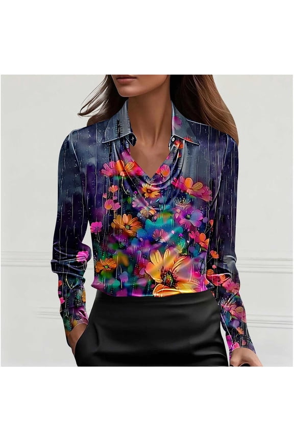 Women's V-Neck Blouse Long Sleeve Pullover with Button Detail and Print Casual and Chic-Style