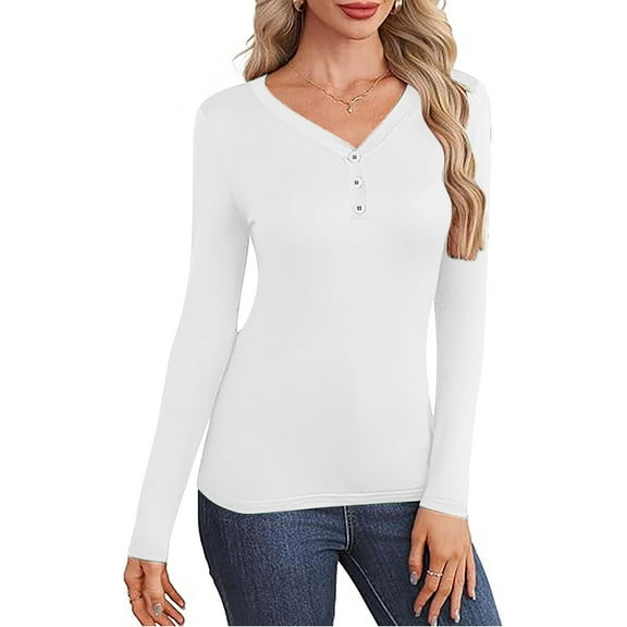 AUNVITO Women's V-Neck Button-Down Thermal Long Sleeve Blouse with Soft Brushed Fabric for Everyday Comfort and Style