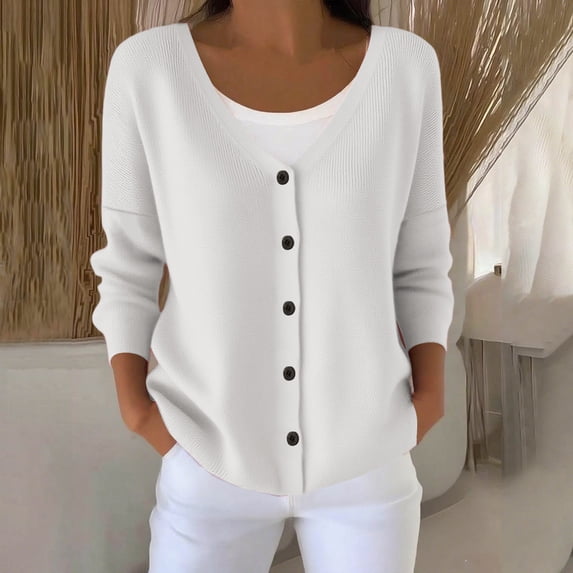 AUNVITO Women's V-Neck Cardigan Button Front Solid Print Soft Textured Casual Lightweight Knit Wear